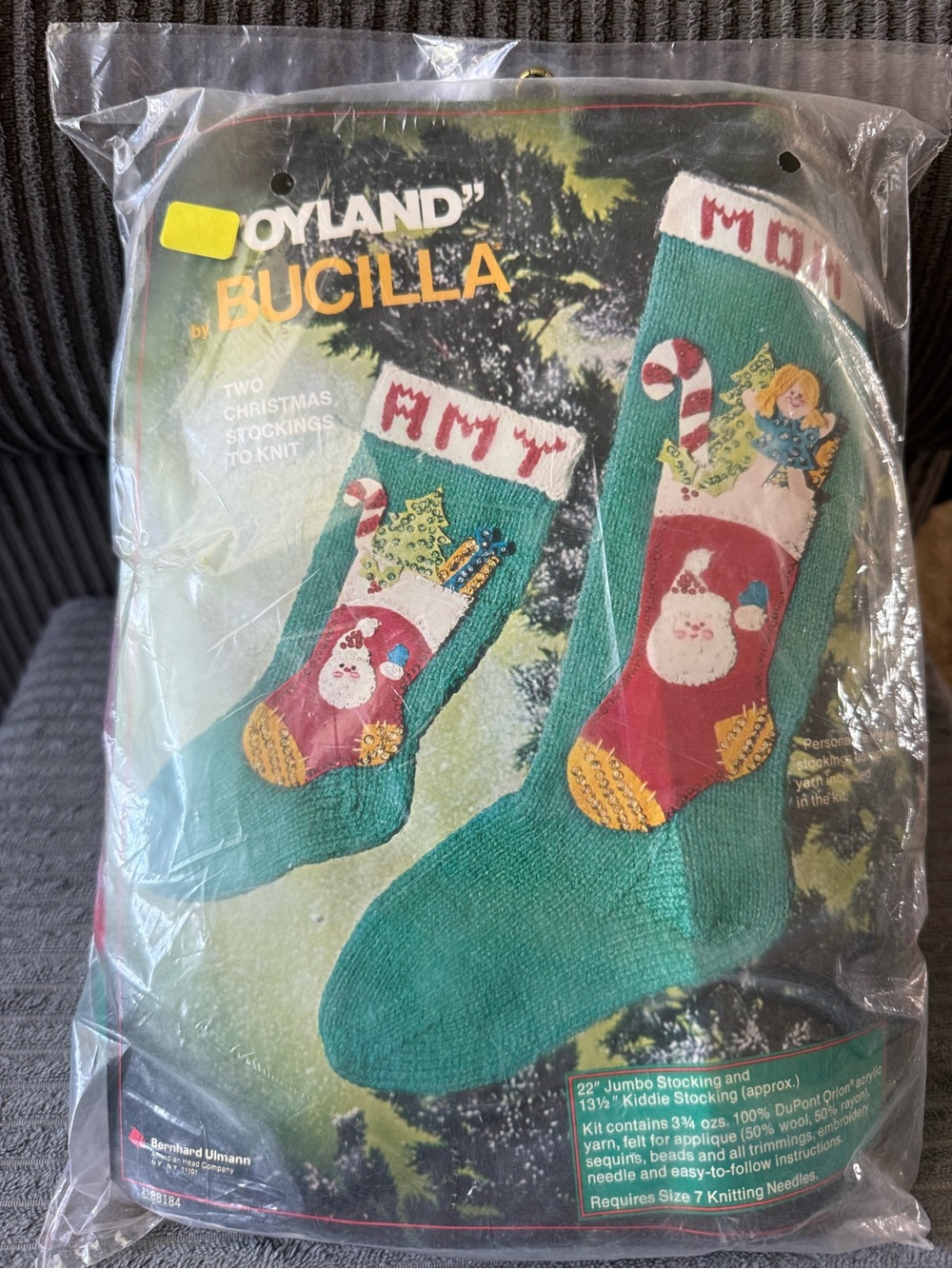 New Bucilla Green Christmas Stocking Knit Kit with Red Santa Appliqué
